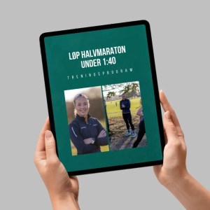 Nettbrett med e-bok «Løp halvmaraton under 1:40» på grønn bakgrunn.