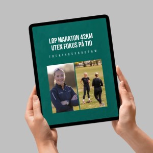 Nettbrett med e-bok «Løp maraton 42 km uten fokus på tid» på grønn bakgrunn.