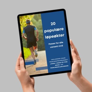 Person holder et nettbrett med e-boken «20 populære løpeøkter – passer for alle uansett nivå» på skjermen.