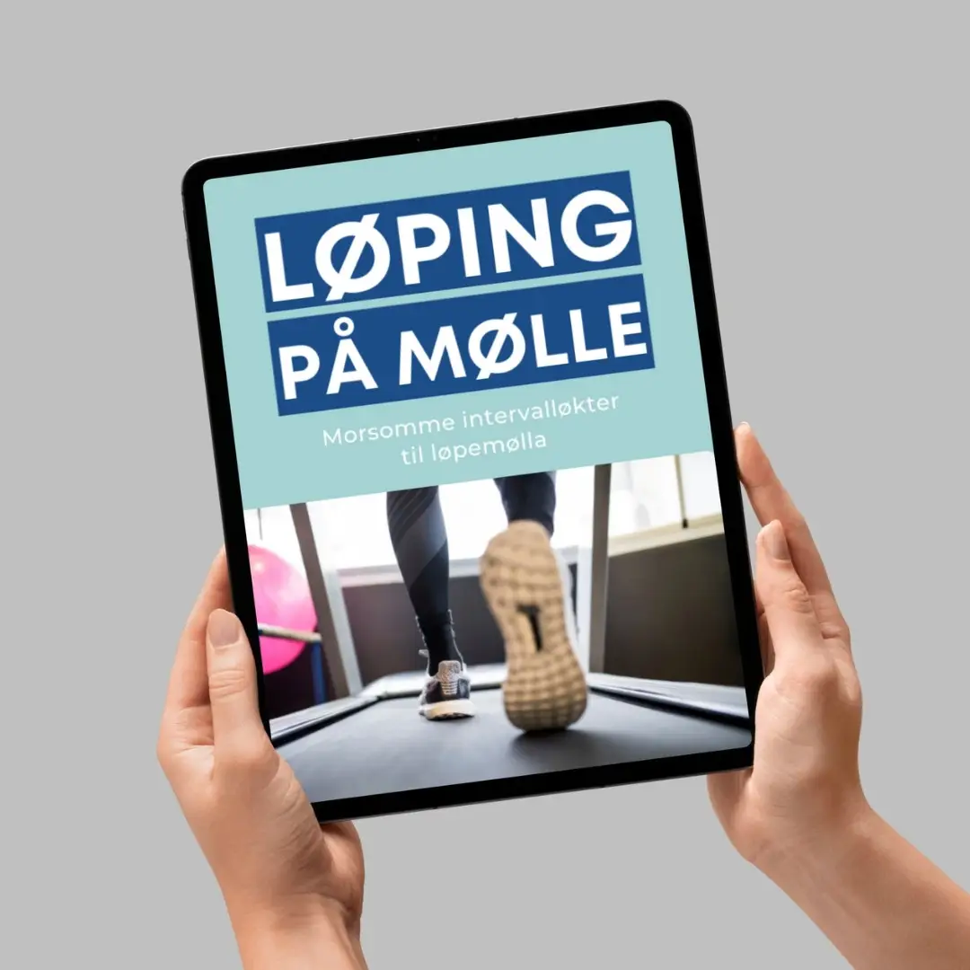 Person holder et nettbrett med e-boken «Løping på mølle – morsomme intervalløkter til løpemølla» på skjermen.