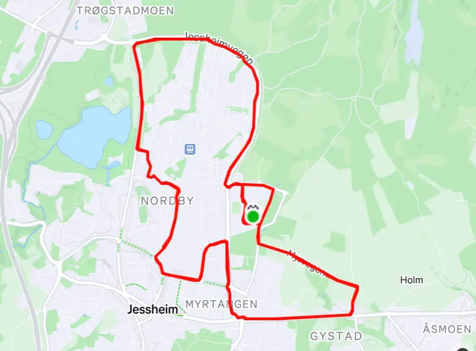 Løypekart for Jessheim halvmaraton med markert trasé gjennom Jessheim og nærområdene.